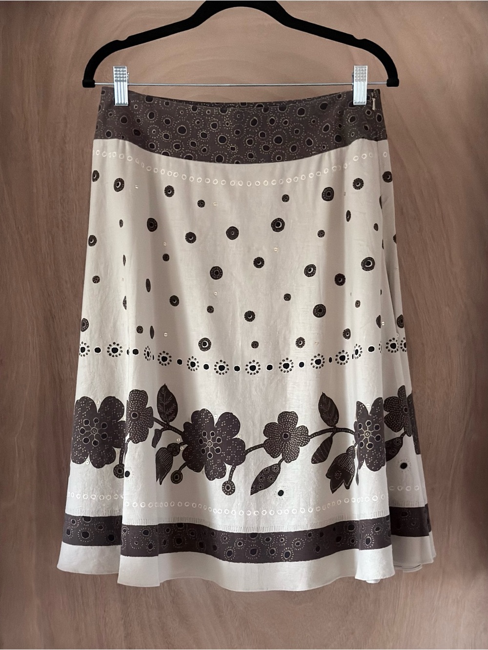 Liz Claiborne Skirt Linen Cotton Floral Embellished A-Line Midi Beige Womens 4